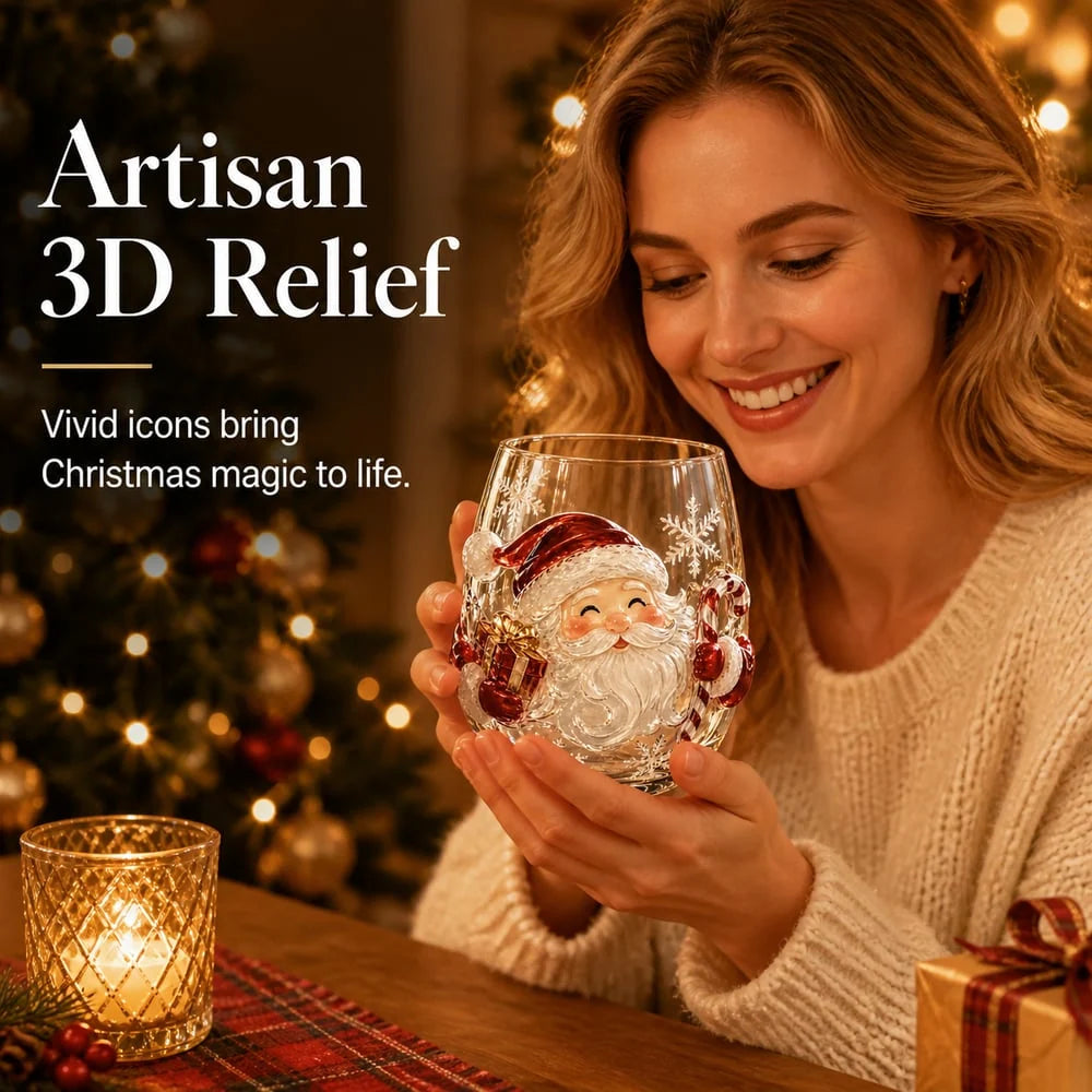 Glass Cup Clear Glass Raised 3D Christmas Design