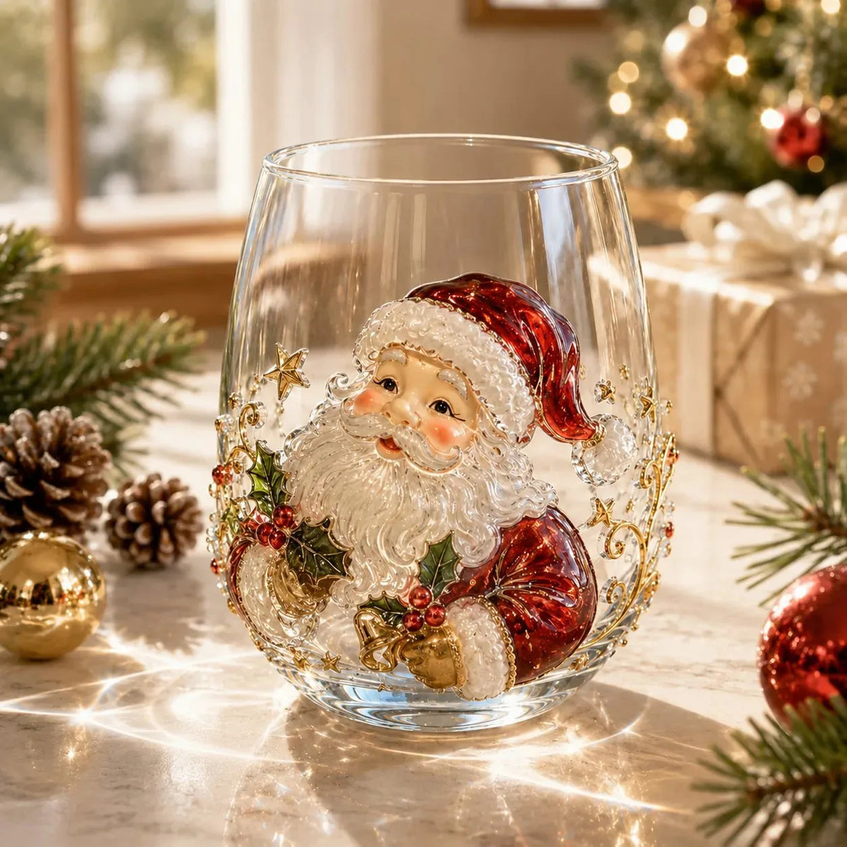 Glass Cup Clear Glass Raised 3D Christmas Design