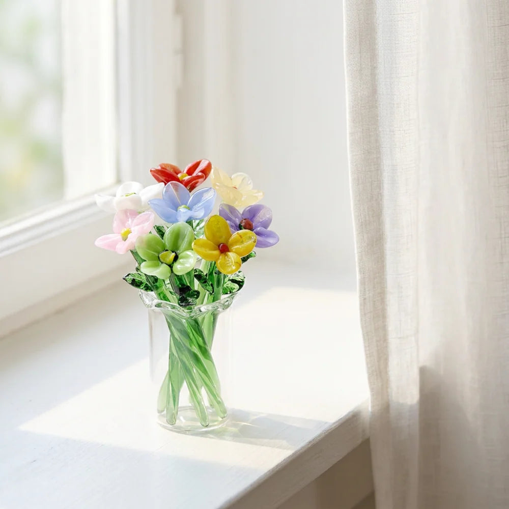 Glass Flower Bouquet Mini Colored Glaze Vase Included