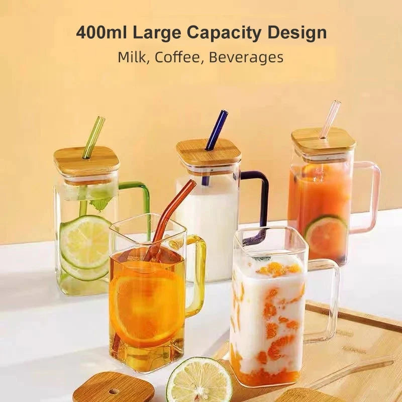 Glass Mug Square Design With Straw 13.5 Fl Oz