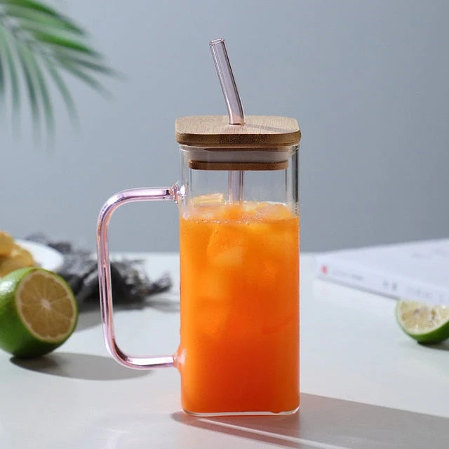 Glass Mug Square Design With Straw 13.5 Fl Oz