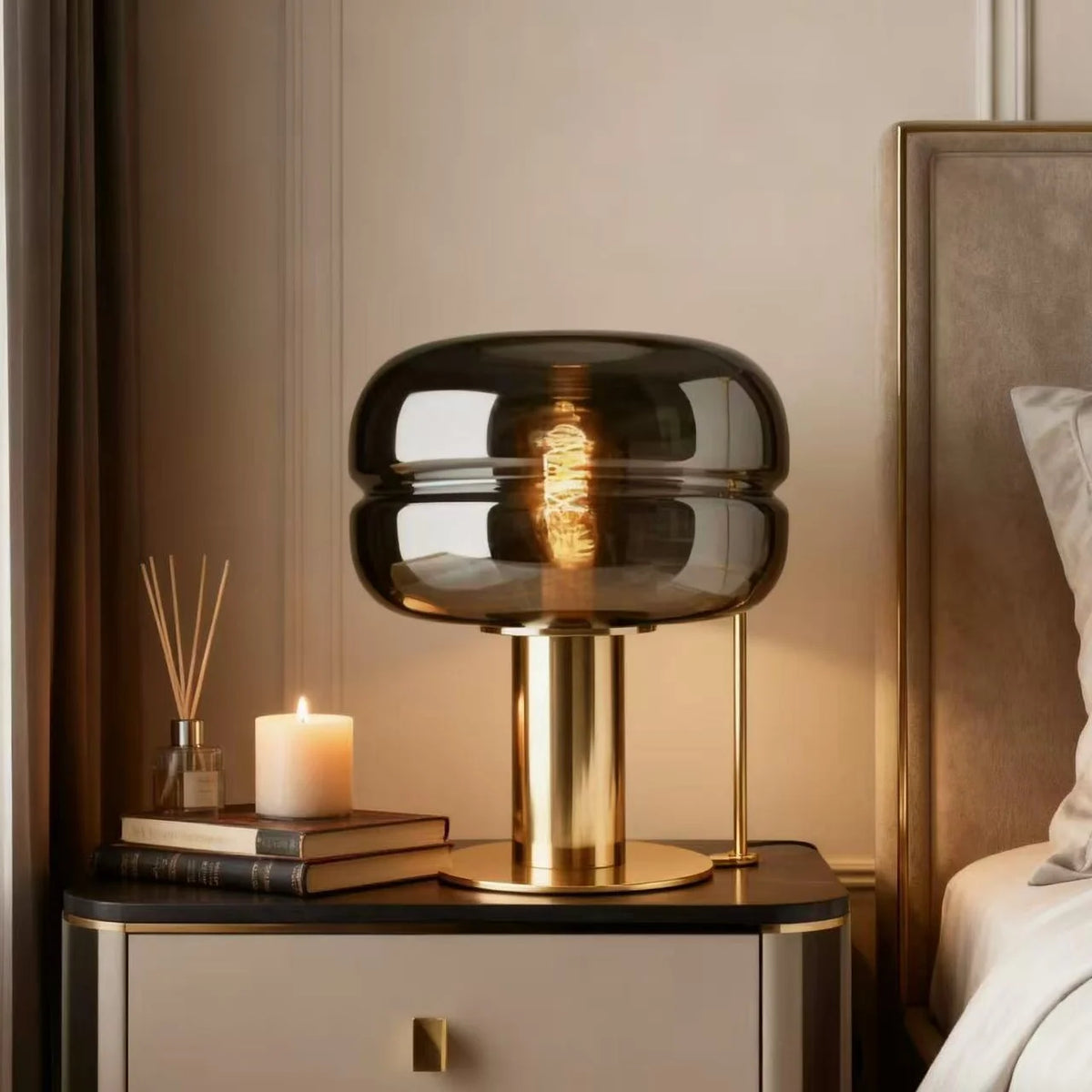Glass Table Lamp Artisanal Glass Gold-Tone Base Soft Ambient Lighting