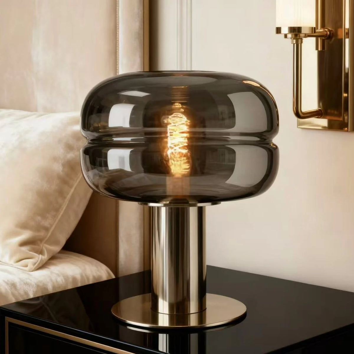Glass Table Lamp Artisanal Glass Gold-Tone Base Soft Ambient Lighting