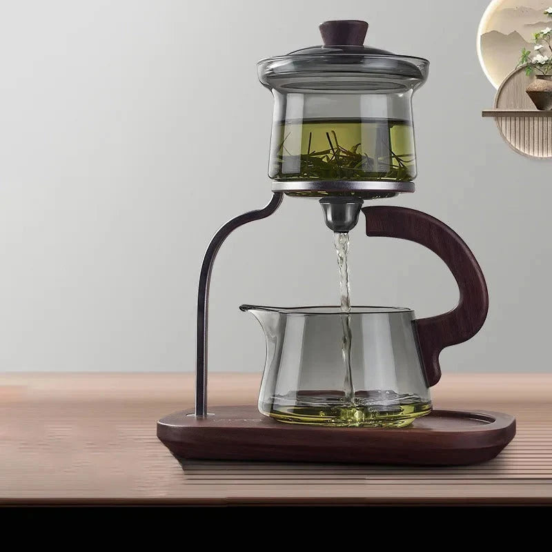 Glass Tea Set One-Key Pour Control Borosilicate Walnut Wood