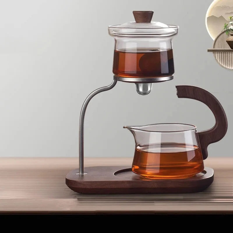 Glass Tea Set One-Key Pour Control Borosilicate Walnut Wood