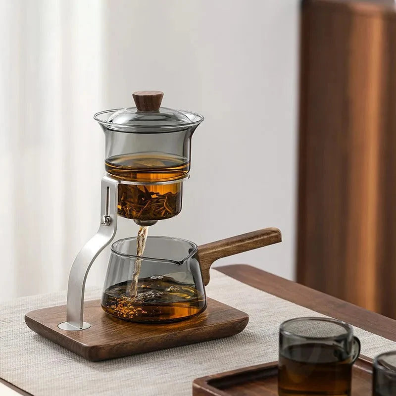 Glass Tea Set One-Key Pour Control Borosilicate Walnut Wood