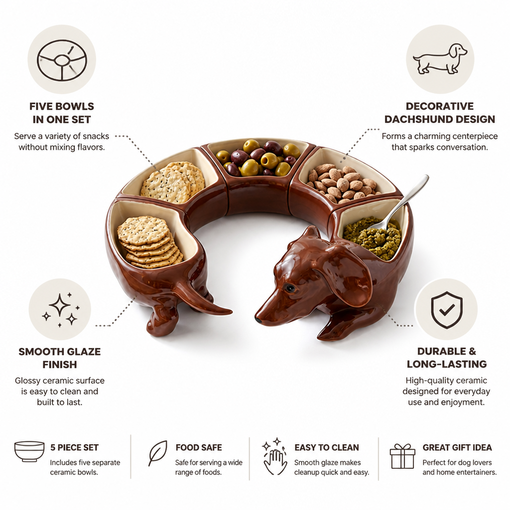Glazed Ceramic Dachshund Snack Bowl Set (5-Piece)