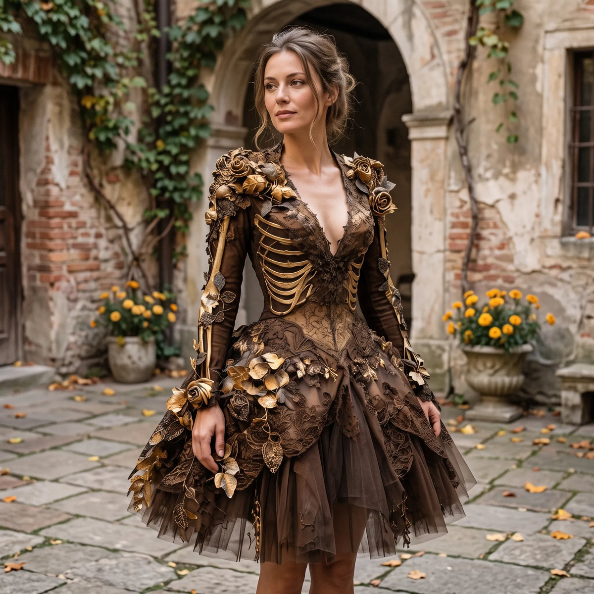 Gothic Costume Dress Skeleton & Floral Design Layered Skirt