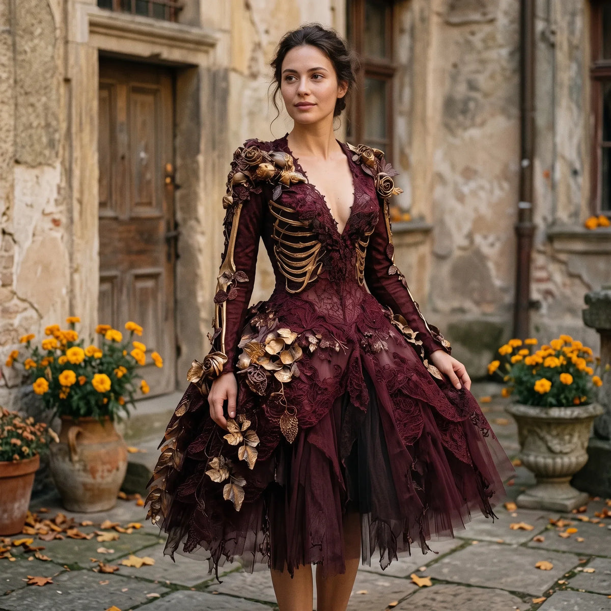 Gothic Costume Dress Skeleton & Floral Design Layered Skirt