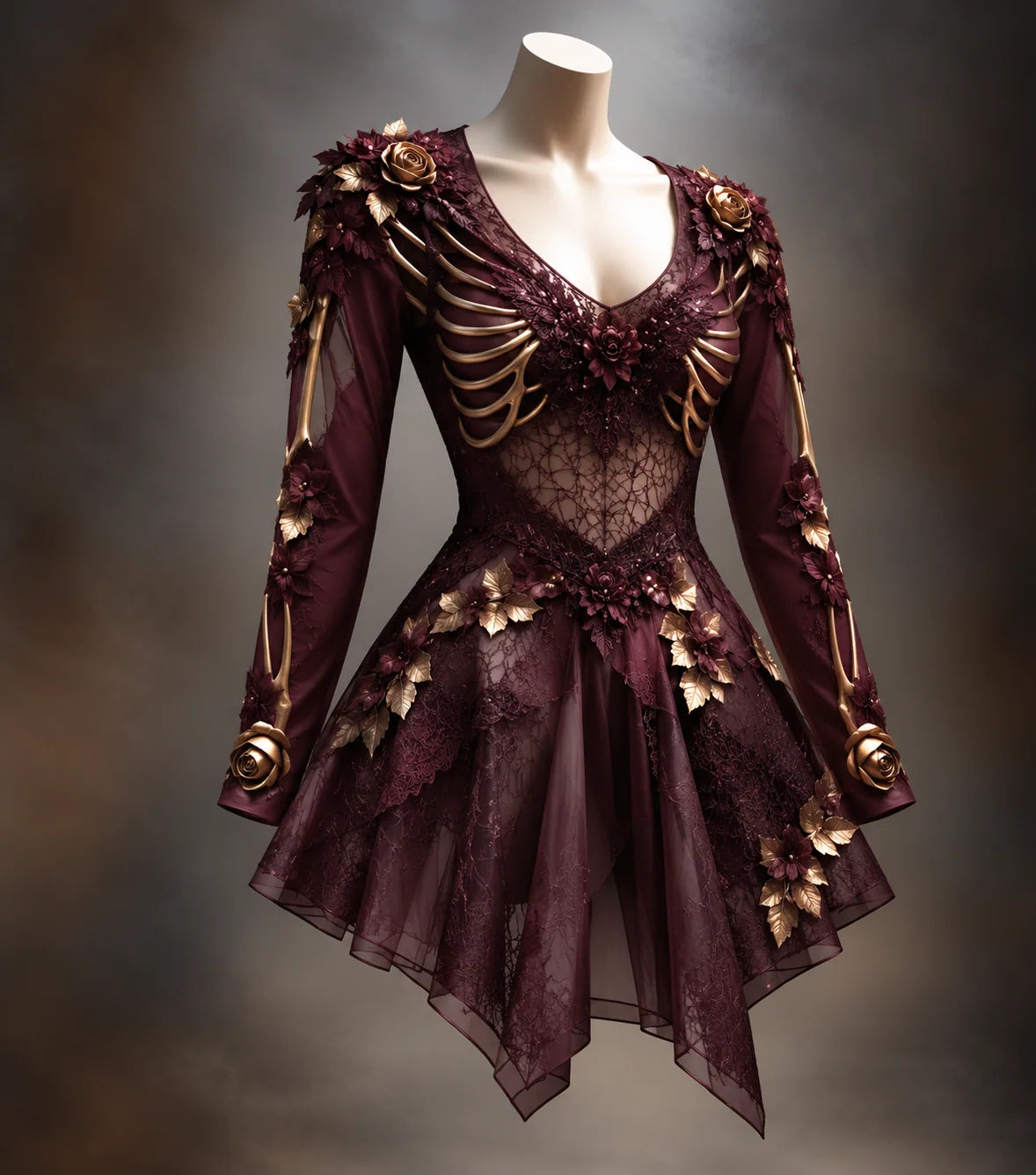 Gothic Mini Dress V-Neck Bone Appliqués Tiered Skirt