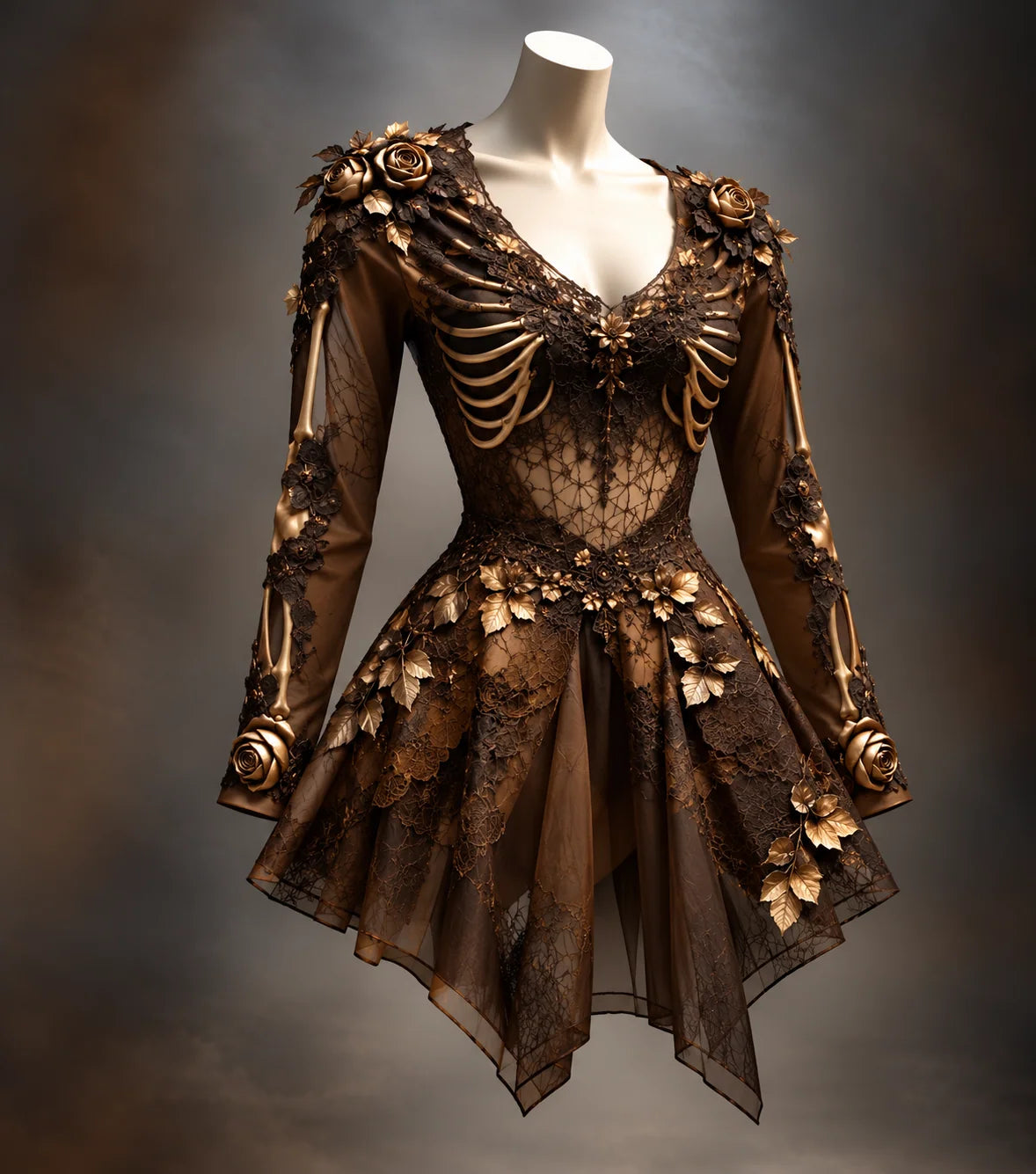 Gothic Mini Dress V-Neck Bone Appliqués Tiered Skirt