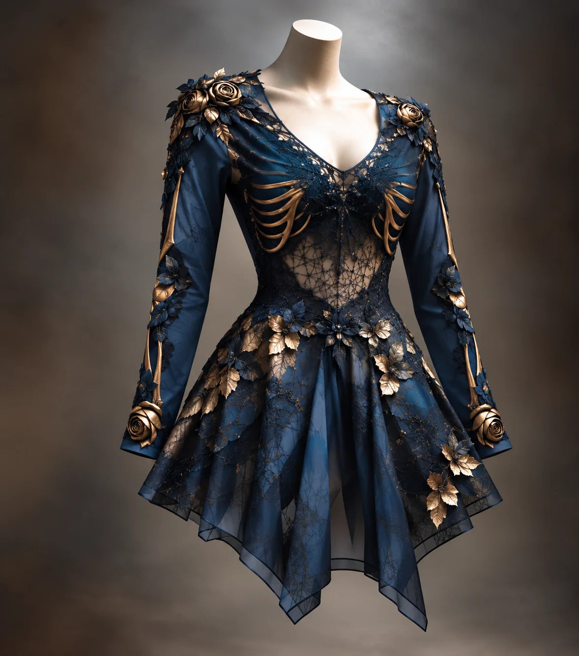 Gothic Mini Dress V-Neck Bone Appliqués Tiered Skirt