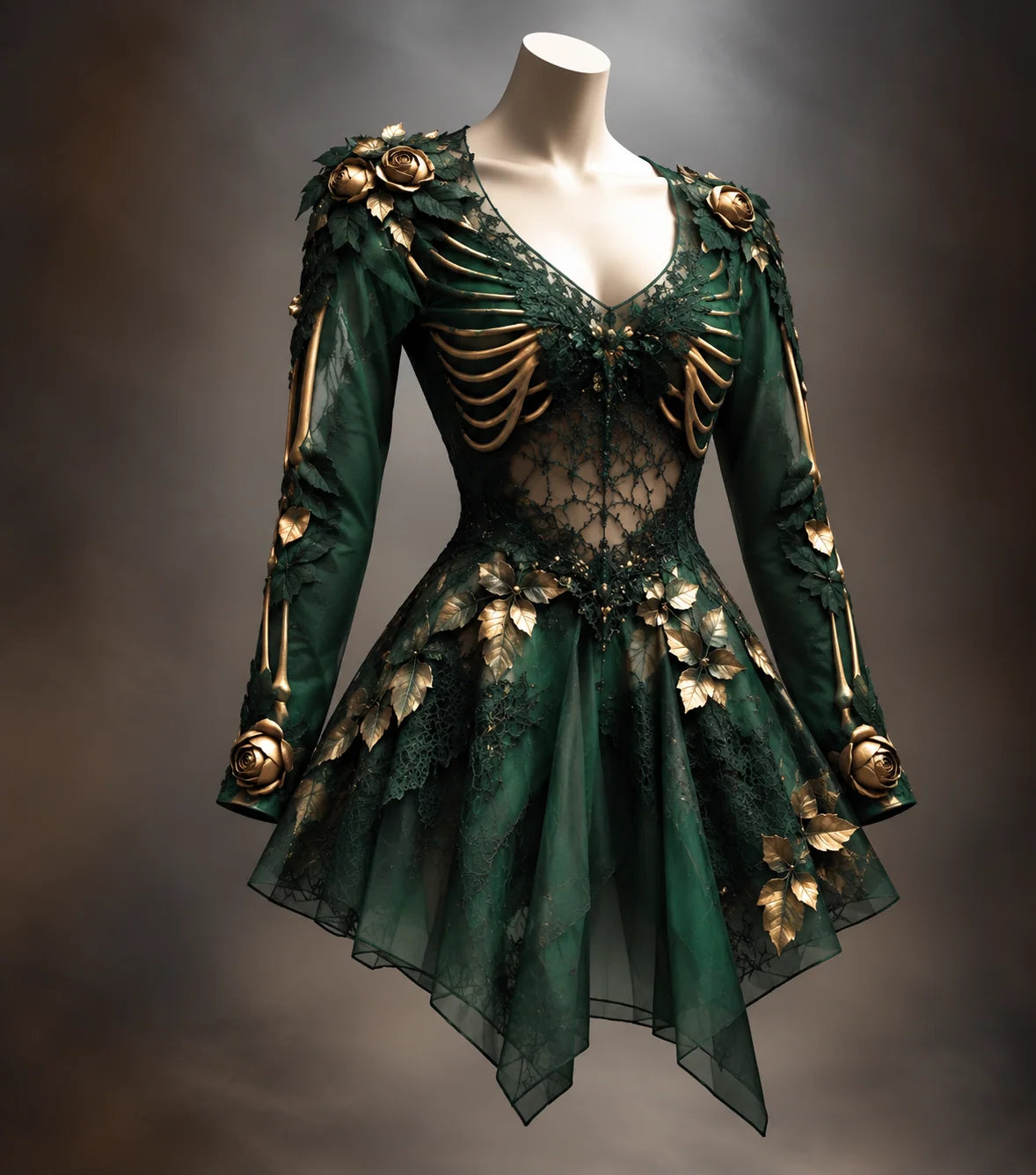 Gothic Mini Dress V-Neck Bone Appliqués Tiered Skirt