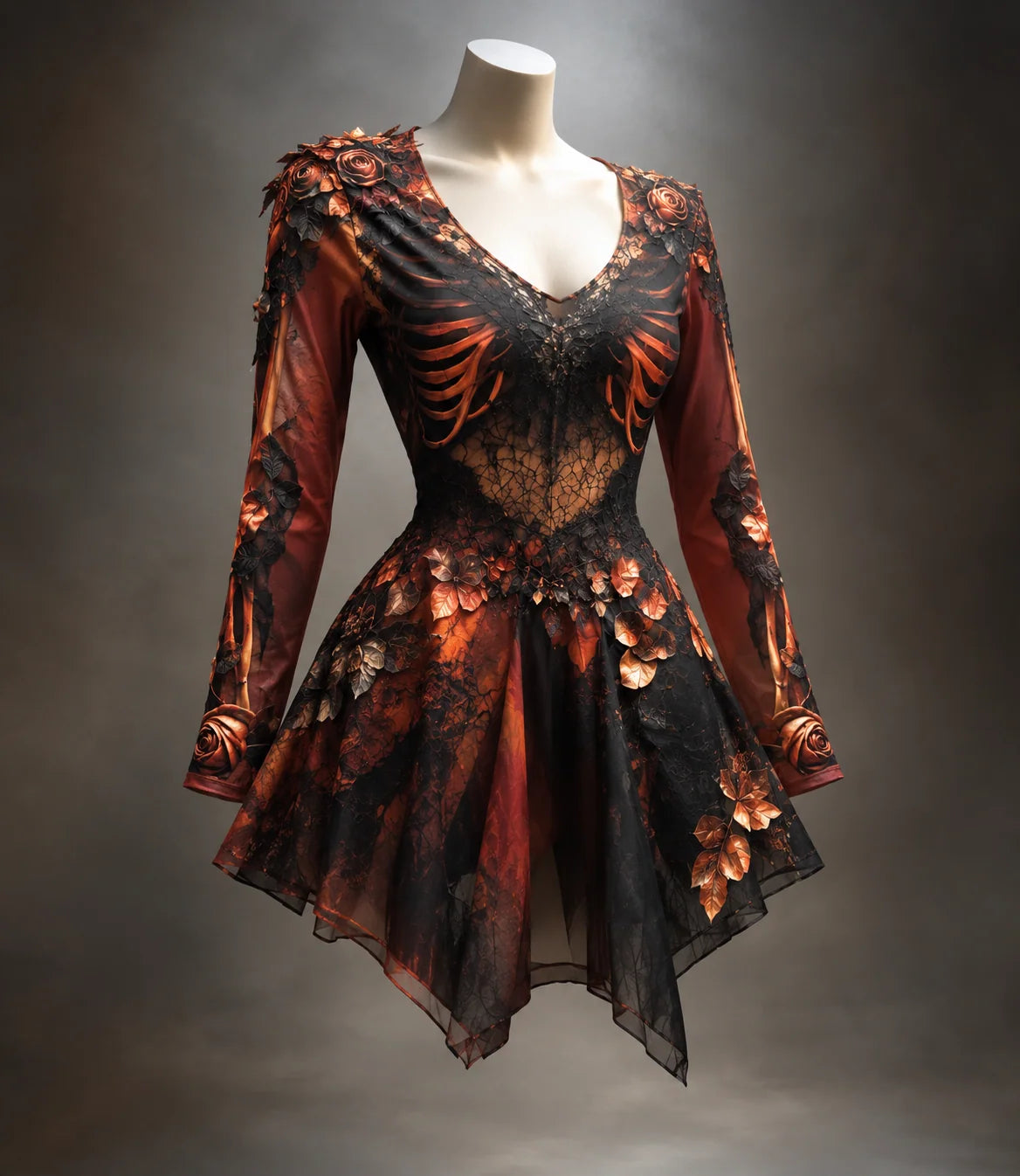 Gothic Mini Dress V-Neck Bone Appliqués Tiered Skirt
