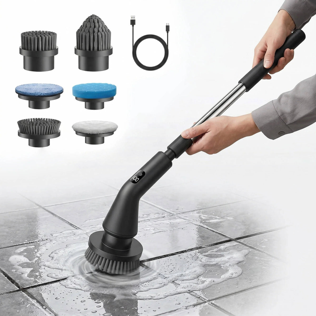 Grout Brush Cordless Extendable Handle 90-Min Runtime