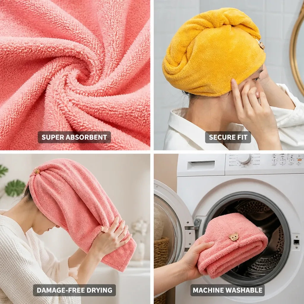Hair Drying Towel Super-Absorbent Microfiber Button Closure