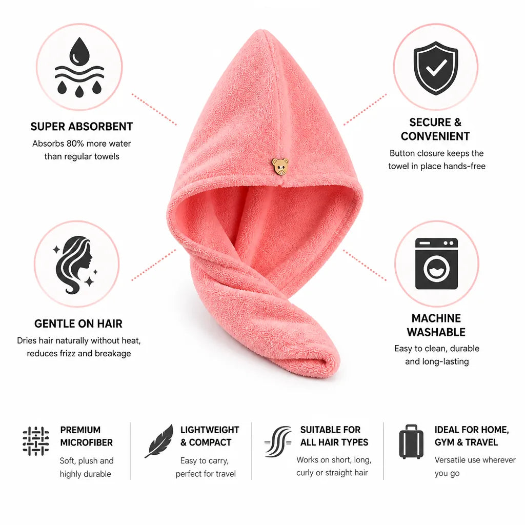 Hair Drying Towel Super-Absorbent Microfiber Button Closure