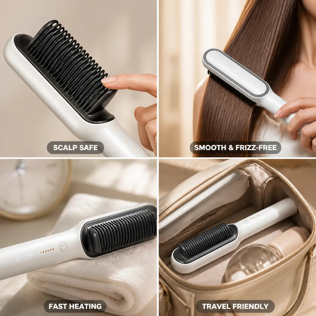 Hair Straightening Brush Built-In Comb Adjustable Heat