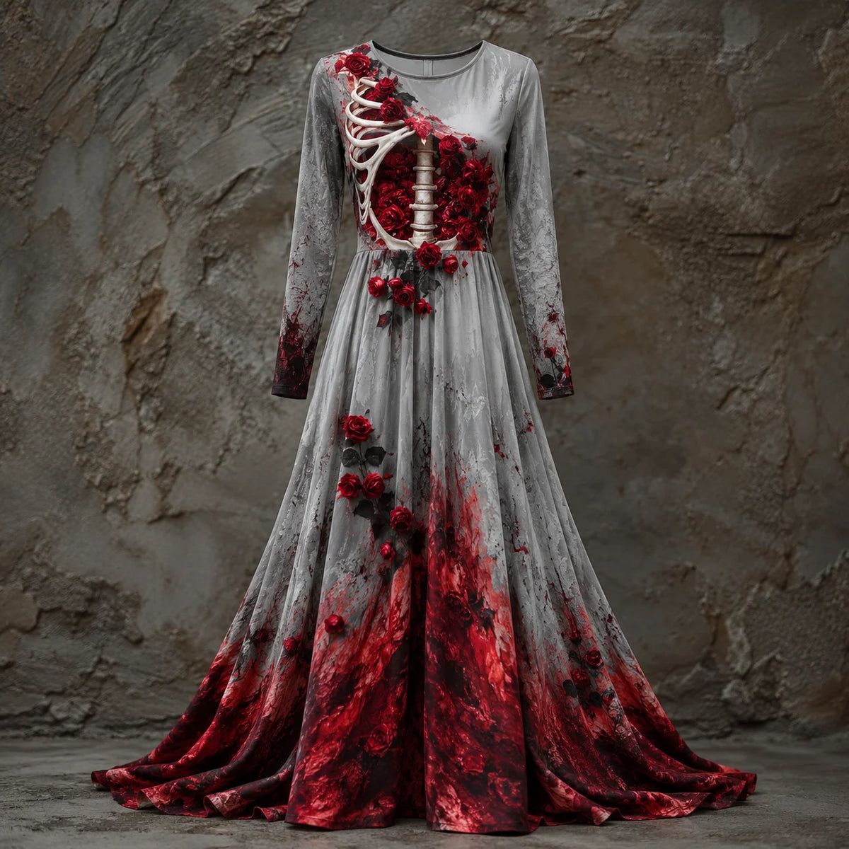 Halloween Gown Skeletal Bodice Long Sleeve Maxi Dress