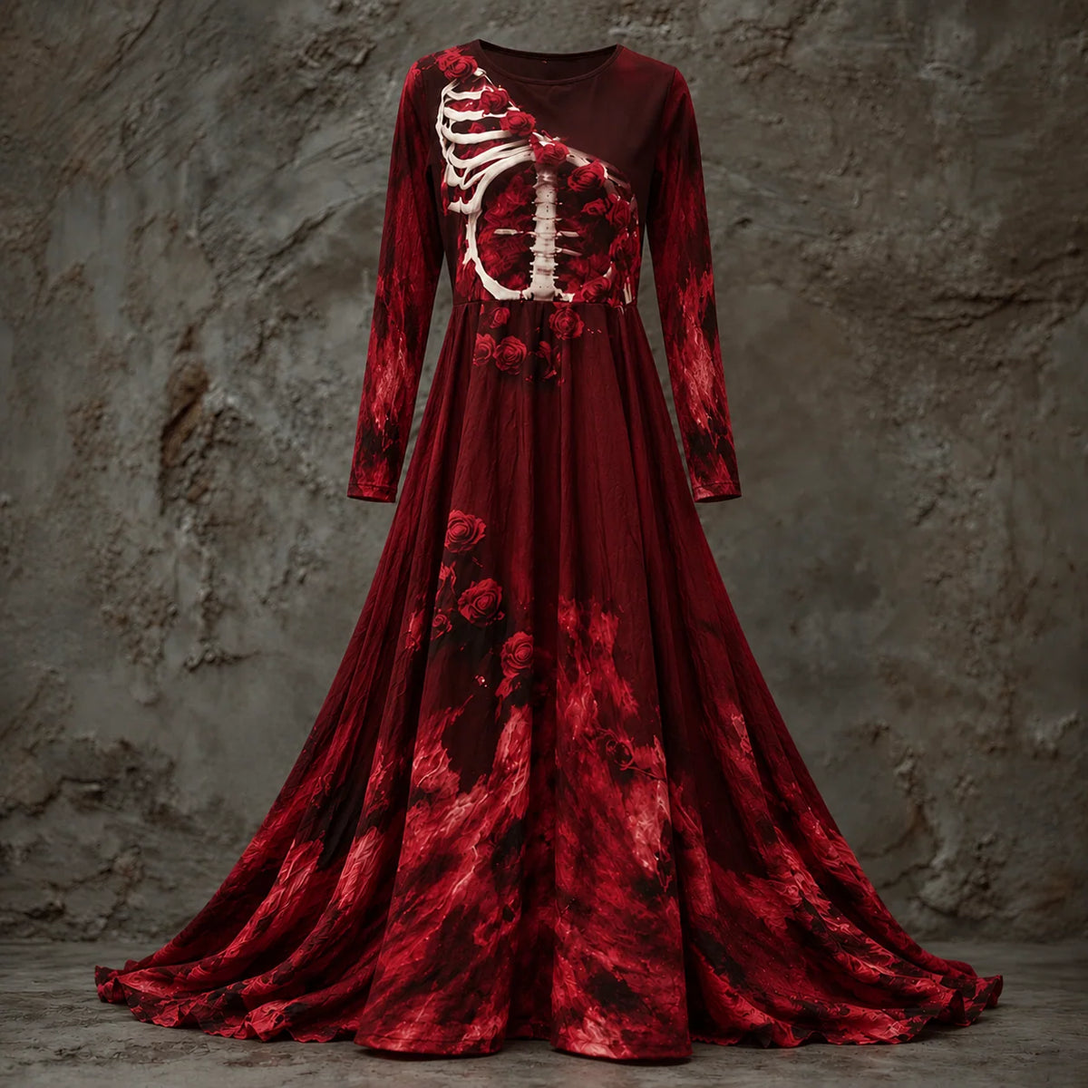 Halloween Gown Skeletal Bodice Long Sleeve Maxi Dress