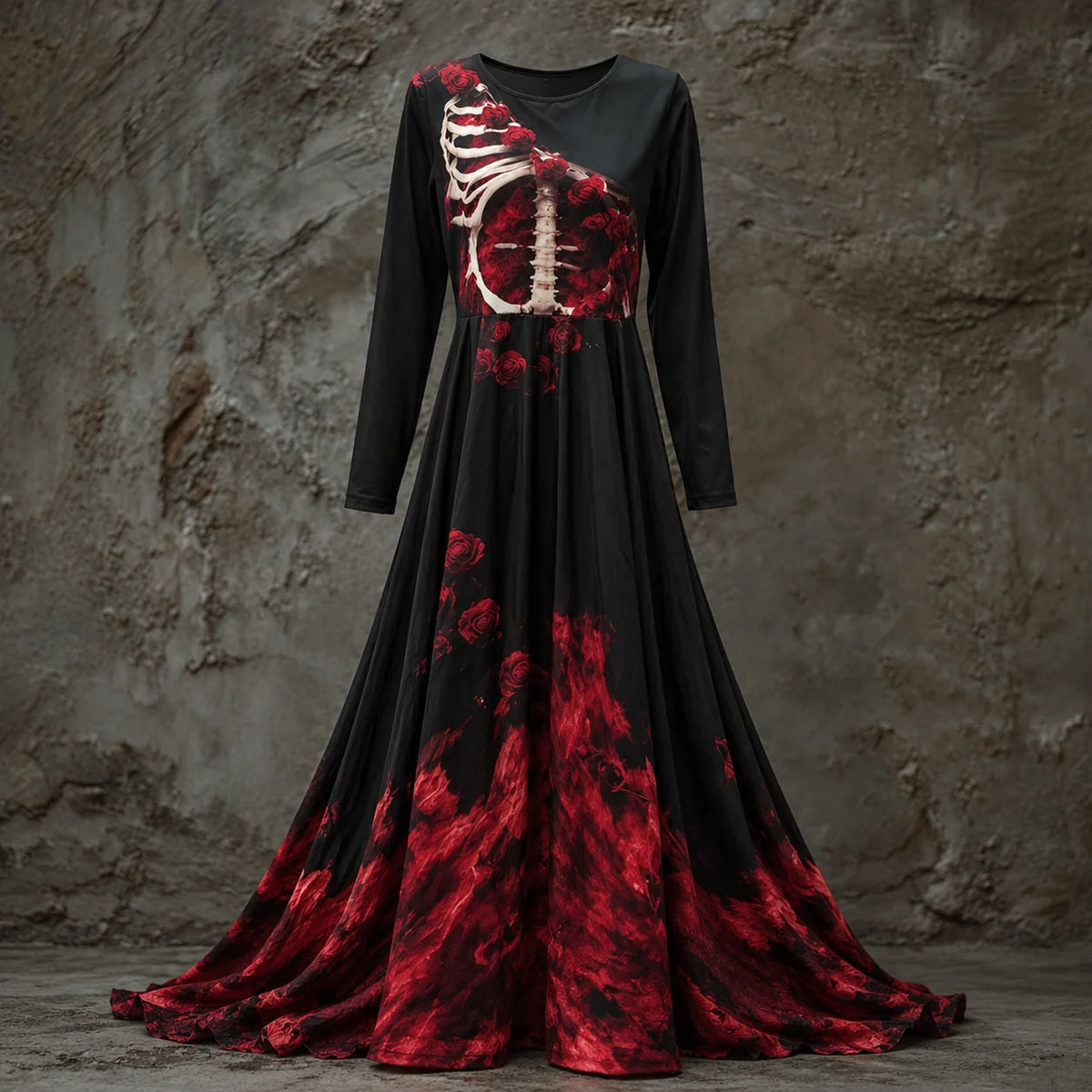Halloween Gown Skeletal Bodice Long Sleeve Maxi Dress