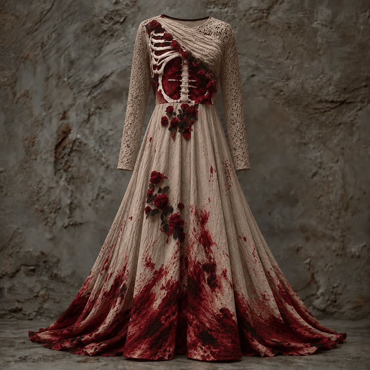 Halloween Gown Skeletal Bodice Long Sleeve Maxi Dress