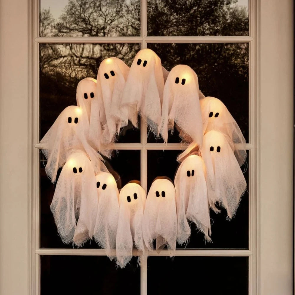 Halloween Wreath 12 LED Ghost Lights Battery-Powered Gauze Accents