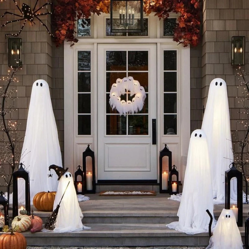 Halloween Wreath 12 LED Ghost Lights Battery-Powered Gauze Accents