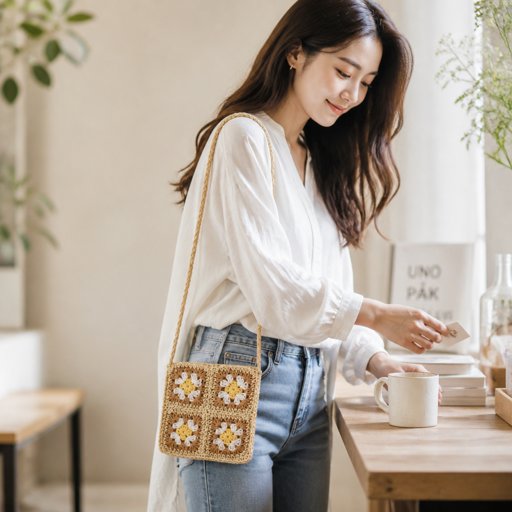 Hand-Crocheted Floral & Eco-Friendly Shoulder Bag (Adjustable Braided Strap)