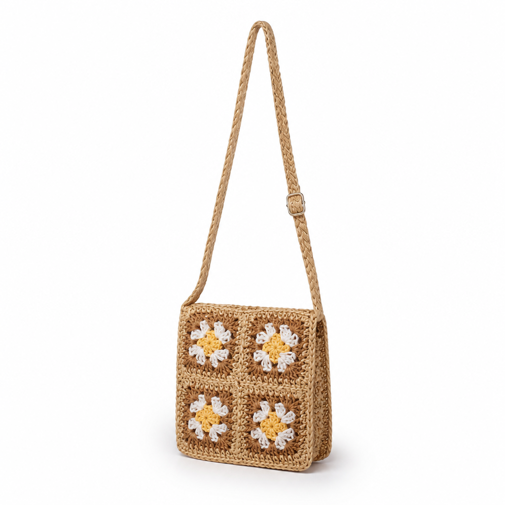 Hand-Crocheted Floral & Eco-Friendly Shoulder Bag (Adjustable Braided Strap)