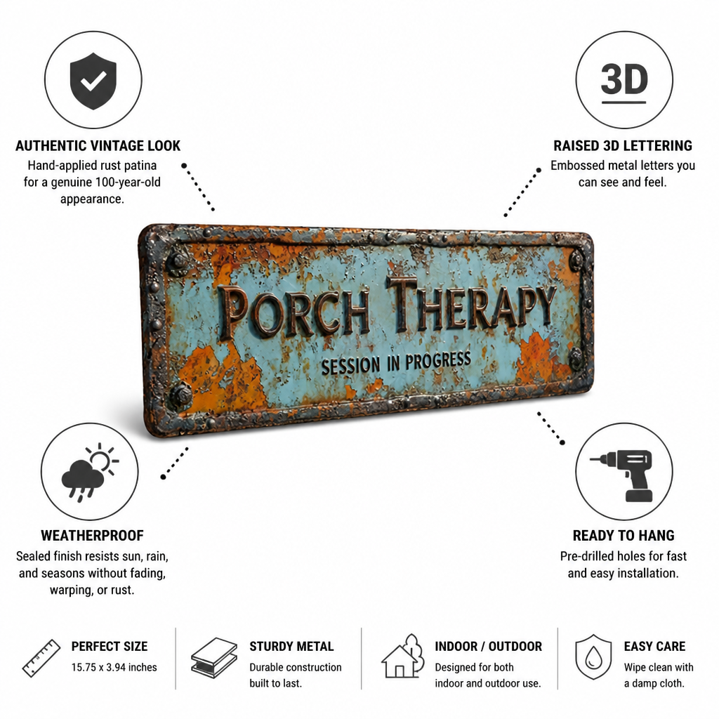 Hand-Distressed Raised 3D Metal Porch Sign (Ready-to-Hang)