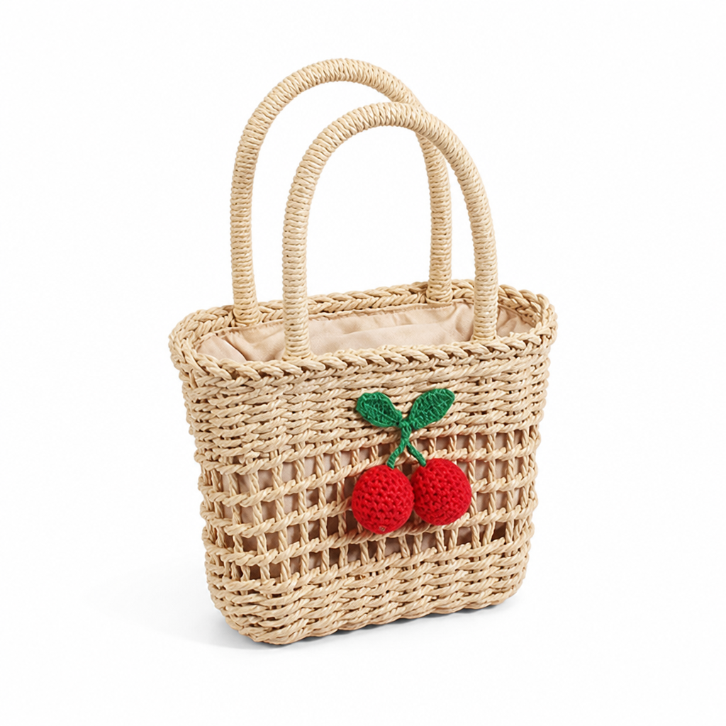 Hand-Knotted Cherry Applique Basket Bag (Soft Lined)