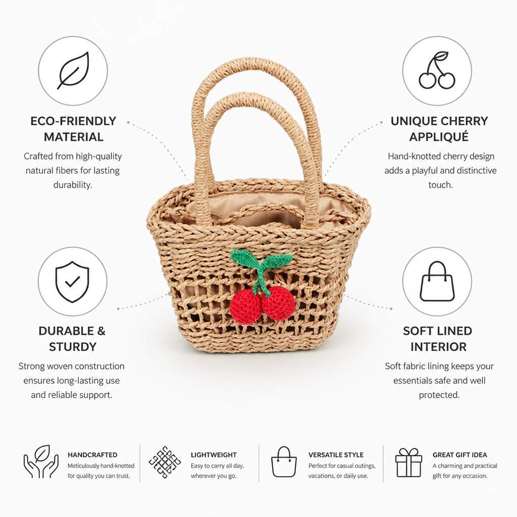 Hand-Knotted Cherry Applique Basket Bag (Soft Lined)