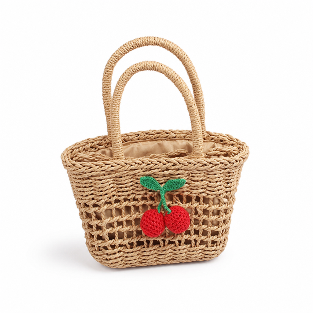 Hand-Knotted Cherry Applique Basket Bag (Soft Lined)