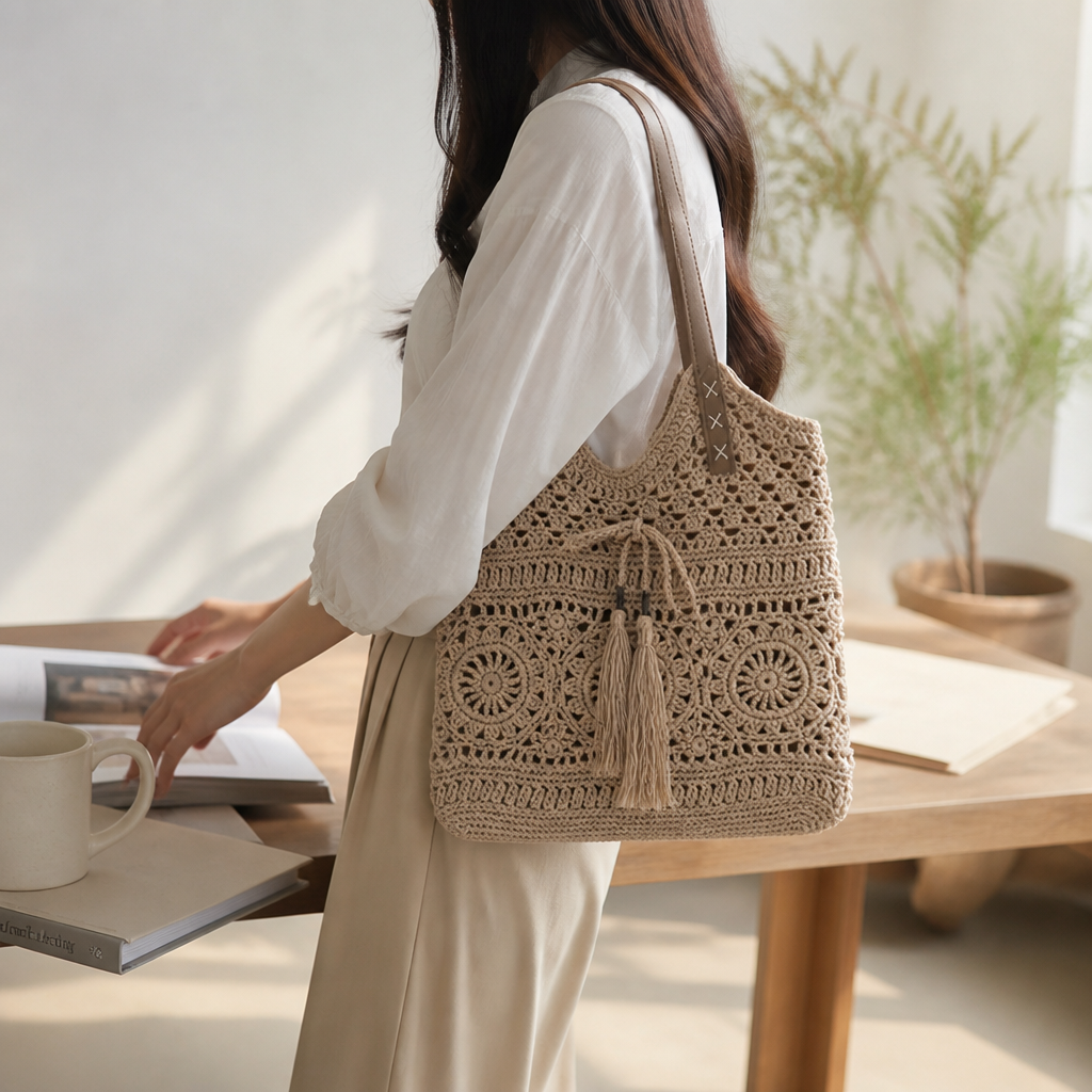 Hand-Knotted Macrame Tote Bag (Wide Straps)