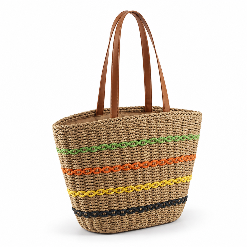 Hand-Woven Natural Beach Bag With Faux Leather Handles