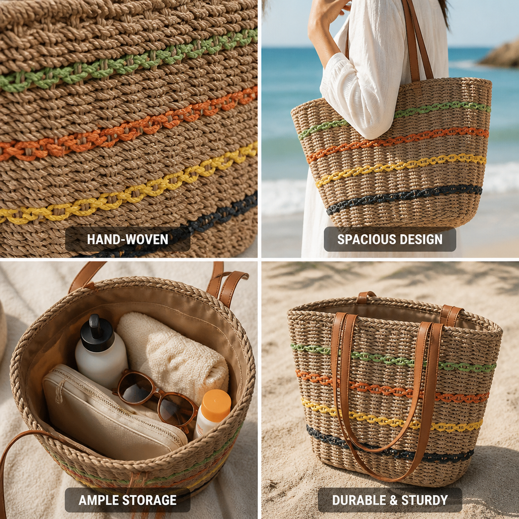 Hand-Woven Natural Beach Bag With Faux Leather Handles