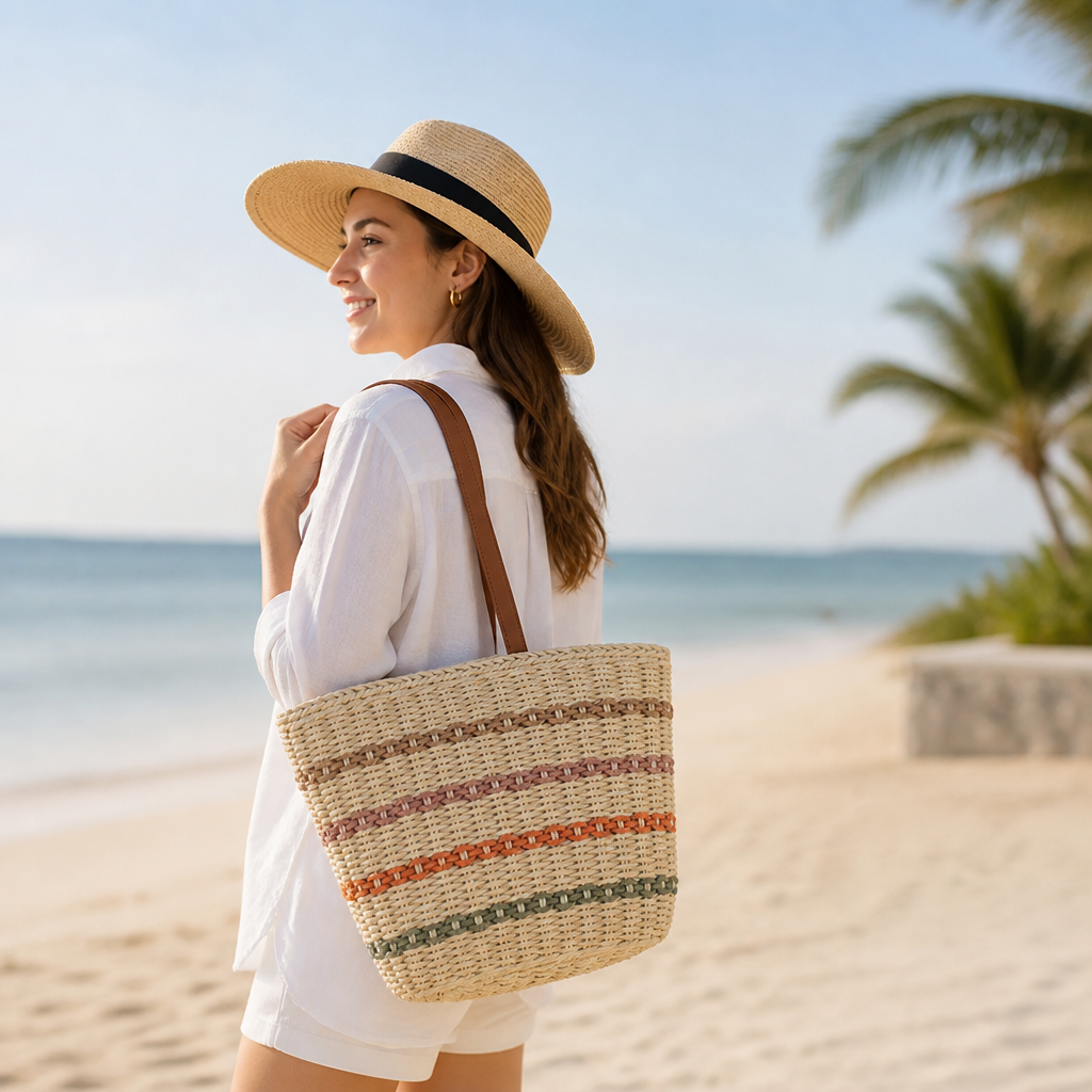 Hand-Woven Natural Beach Bag With Faux Leather Handles
