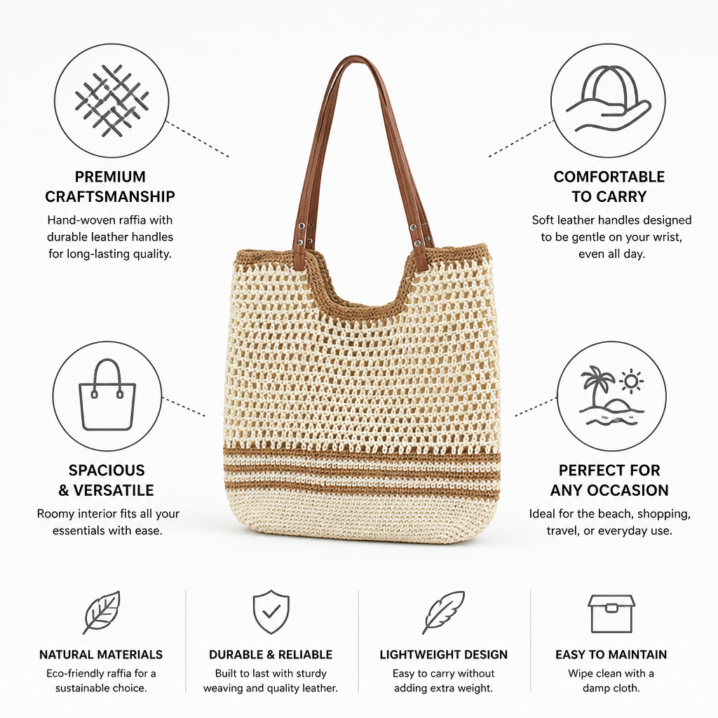 Hand-Woven Raffia Beach Tote With Soft Leather Handles