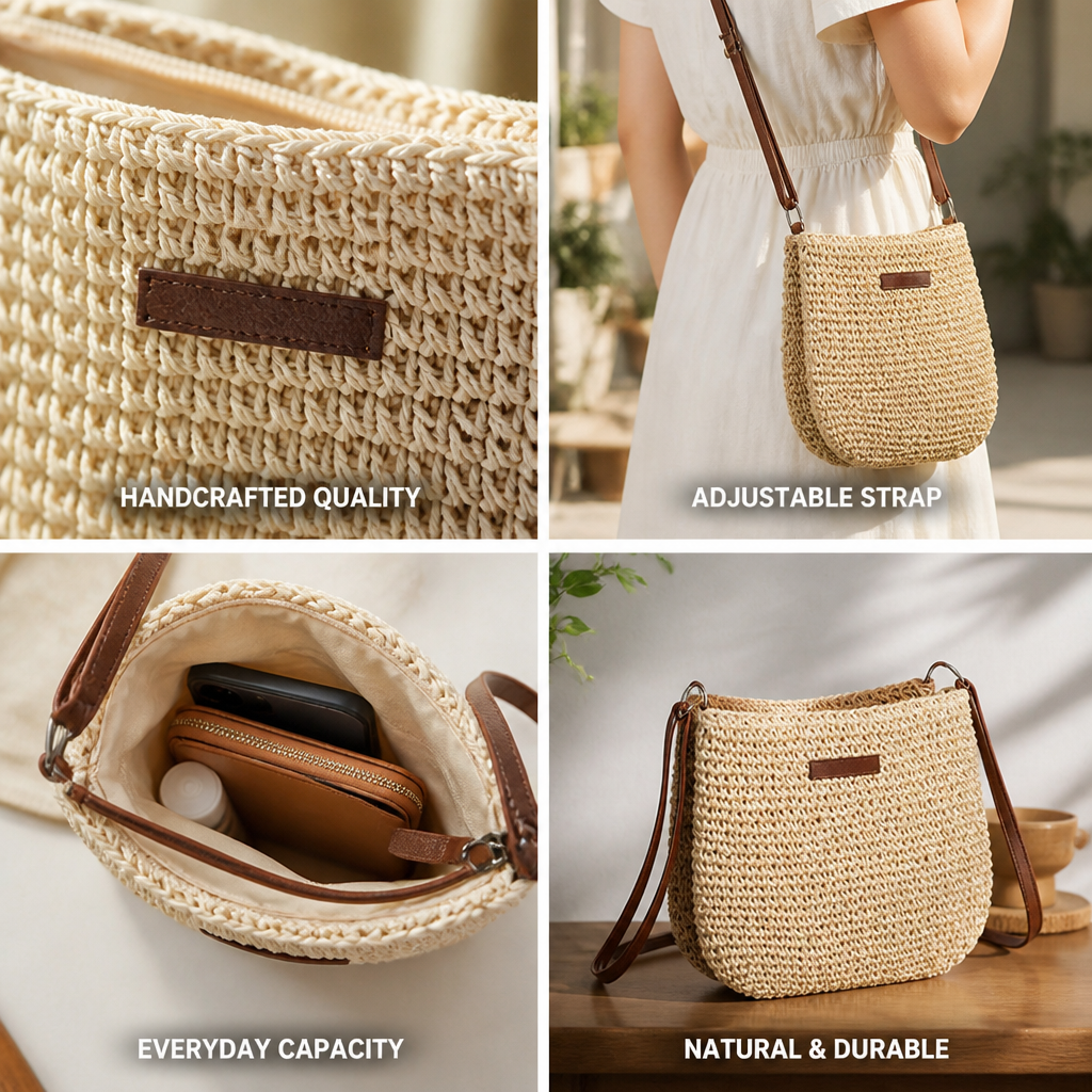 Hand-Woven Rattan Crossbody Bag (Adjustable Leather Strap)
