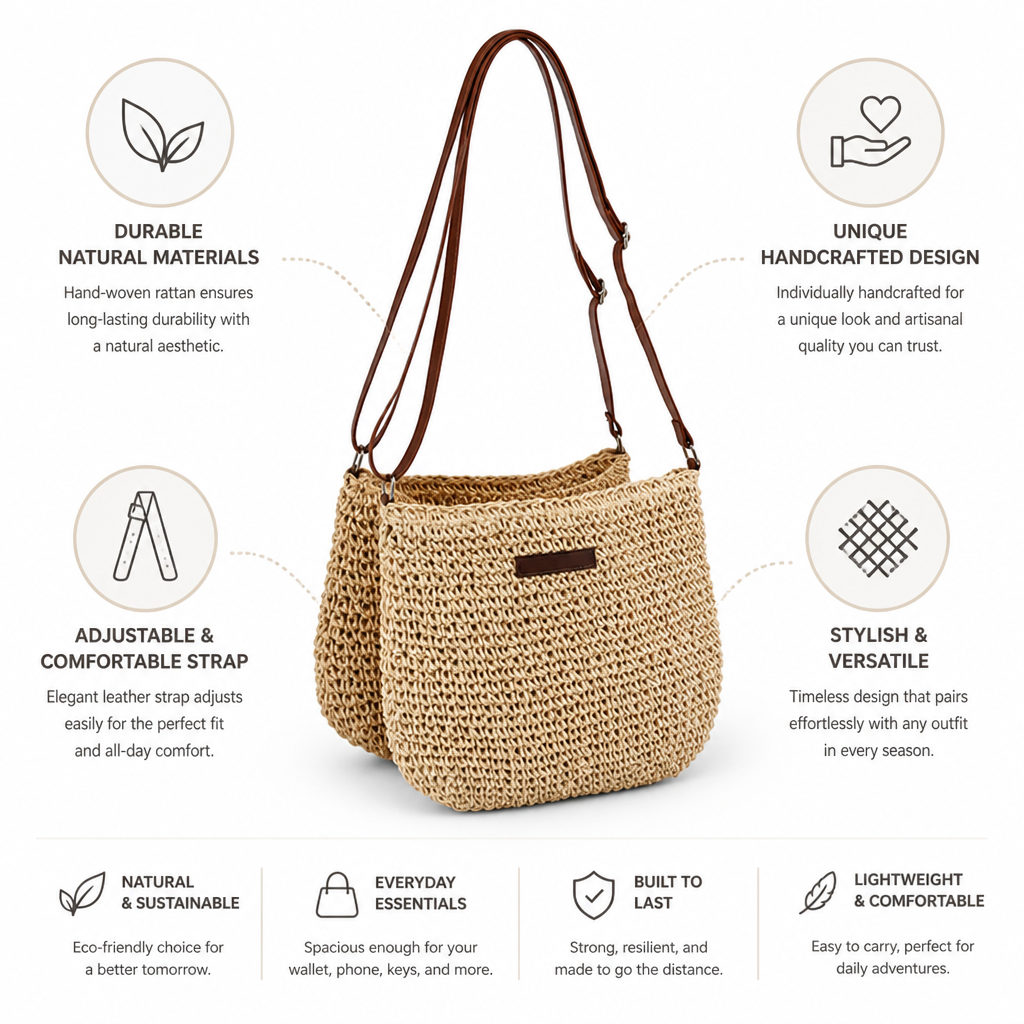 Hand-Woven Rattan Crossbody Bag (Adjustable Leather Strap)