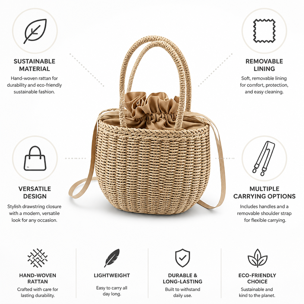 Hand-Woven Rattan Handbag (Removable Lining & Shoulder Strap)