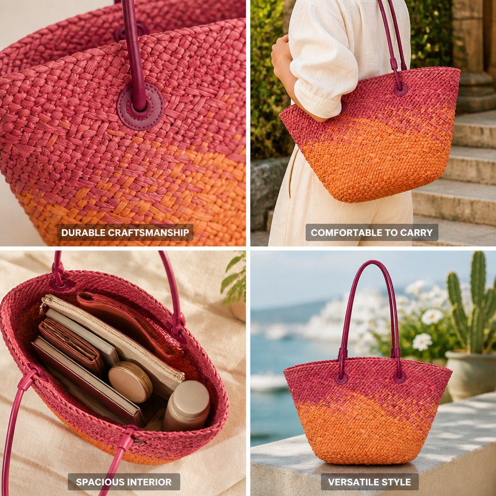 Hand-Woven Rattan & Leather-Handled Handbag