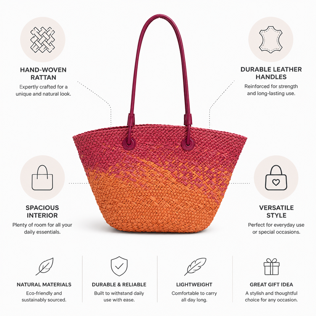 Hand-Woven Rattan & Leather-Handled Handbag
