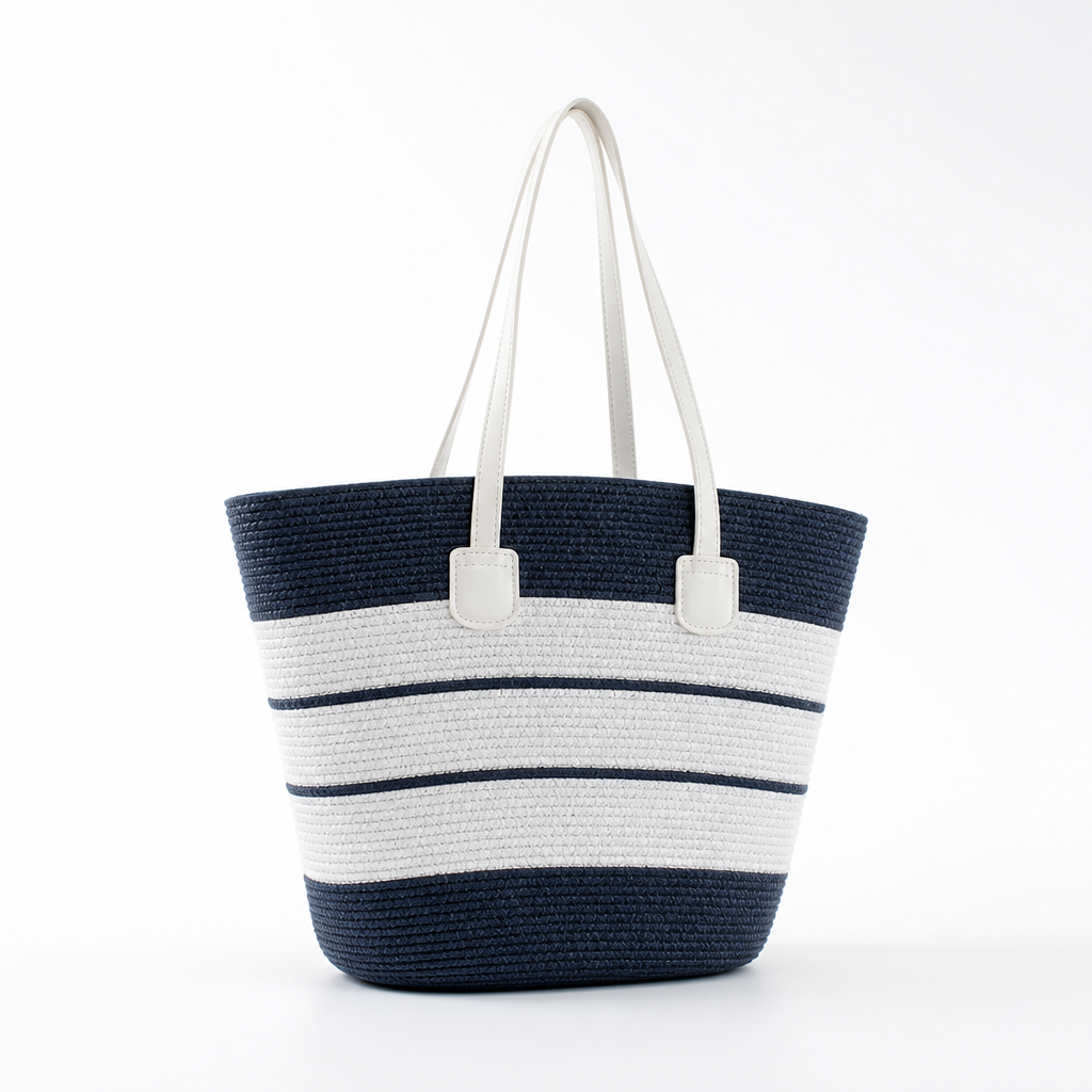 Hand-Woven Straw & Faux Leather Trim Beach Bag (Striped)