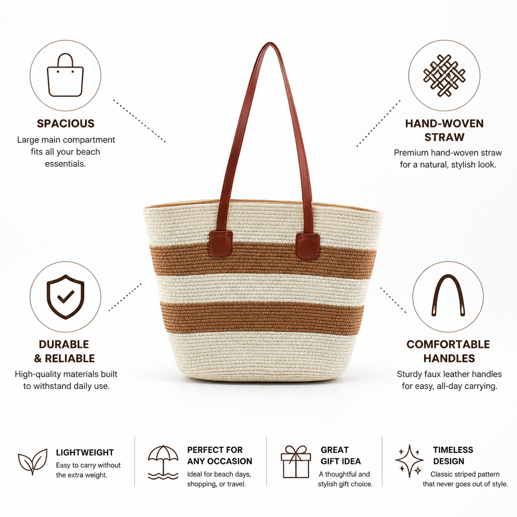 Hand-Woven Straw & Faux Leather Trim Beach Bag (Striped)
