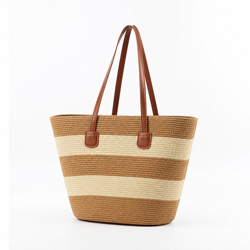 Hand-Woven Straw & Faux Leather Trim Beach Bag (Striped)