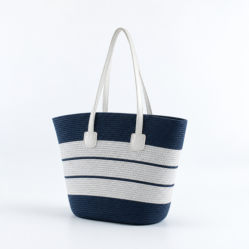 Hand-Woven Straw & Faux Leather Trim Beach Bag (Striped)