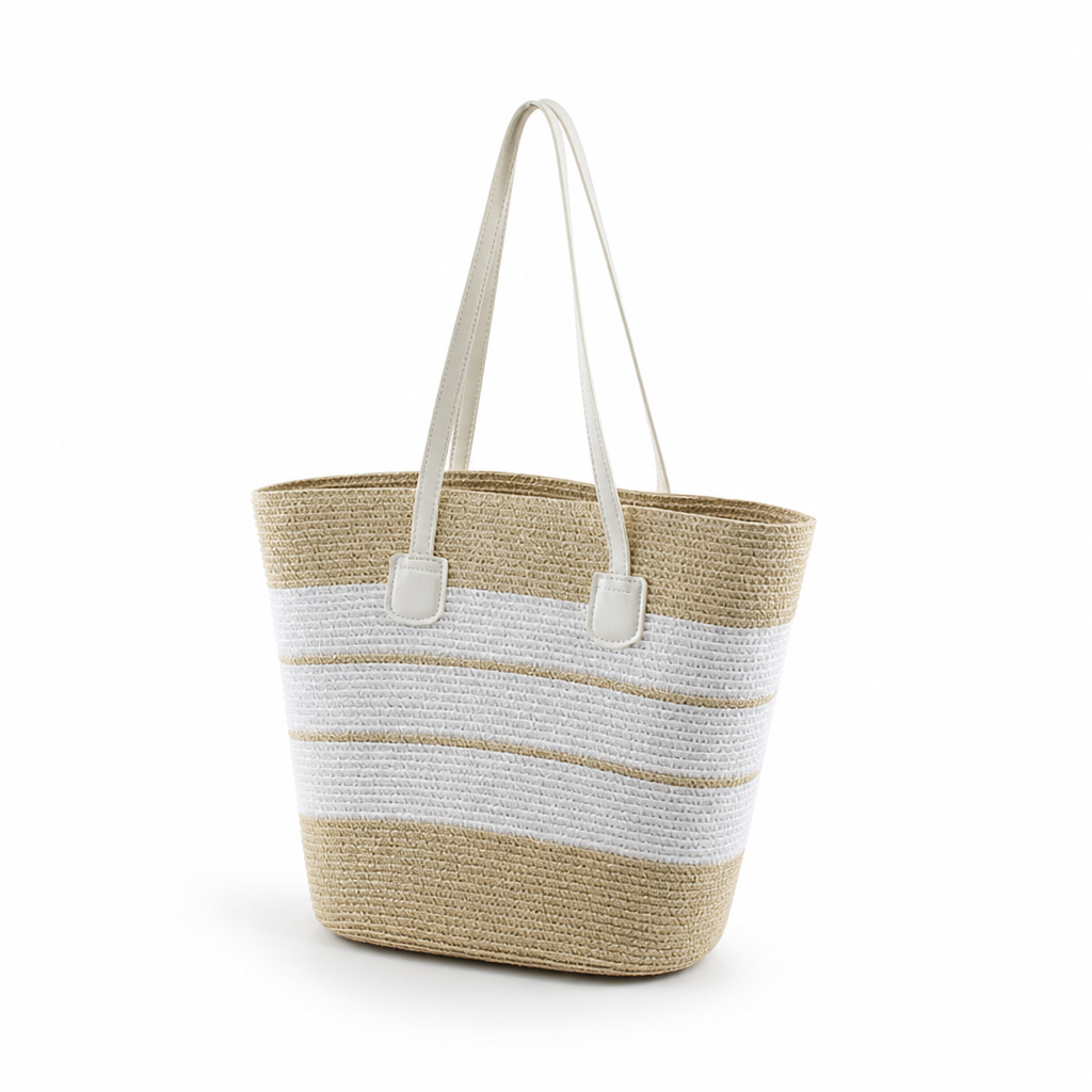 Hand-Woven Straw & Faux Leather Trim Beach Bag (Striped)