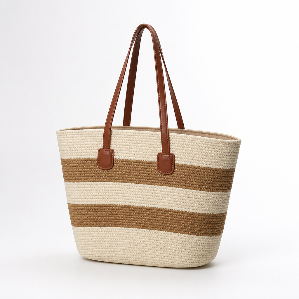 Hand-Woven Straw & Faux Leather Trim Beach Bag (Striped)